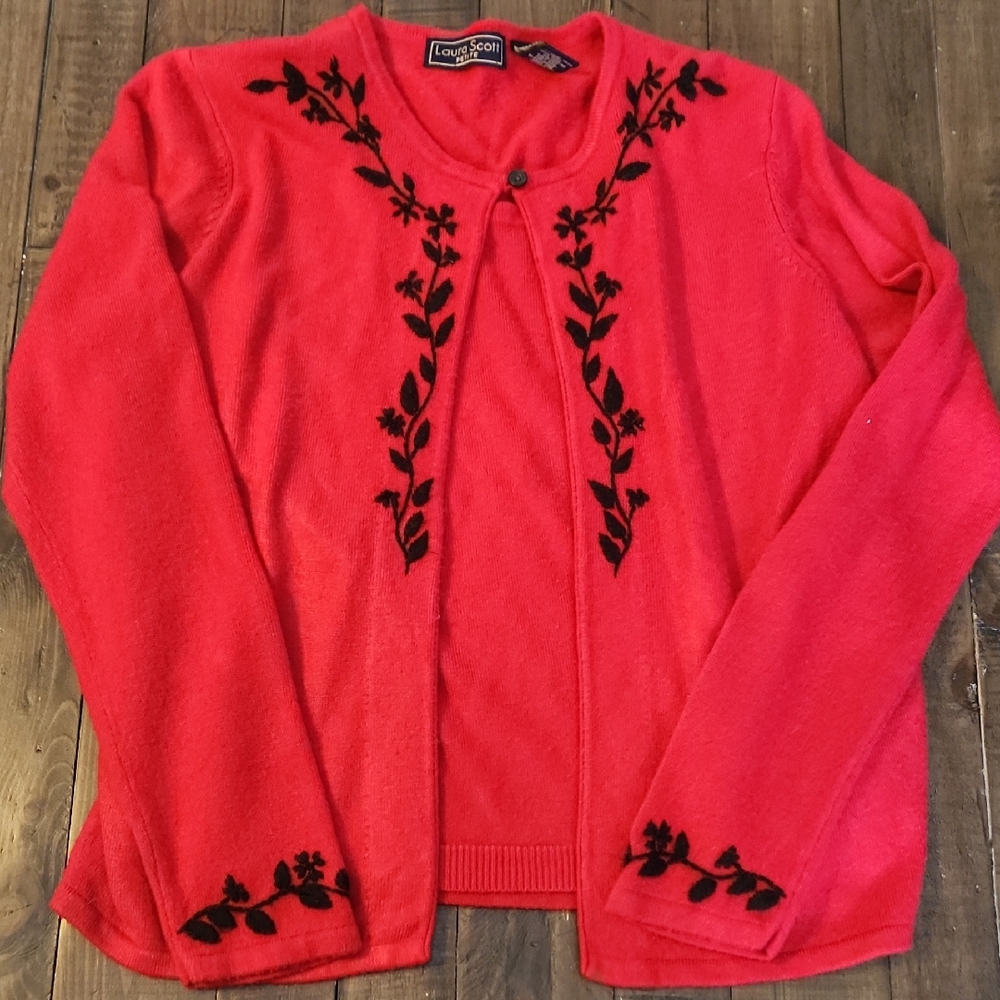 Laura Scott Red Cardigan with Black Floral Accents